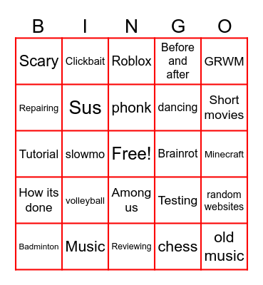 YOUTUBE SHORTS Bingo Card