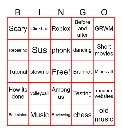 YOUTUBE SHORTS Bingo Card