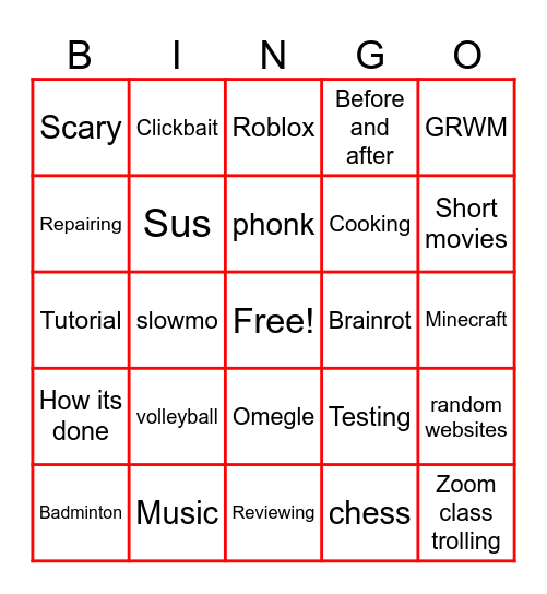 YOUTUBE SHORTS Bingo Card