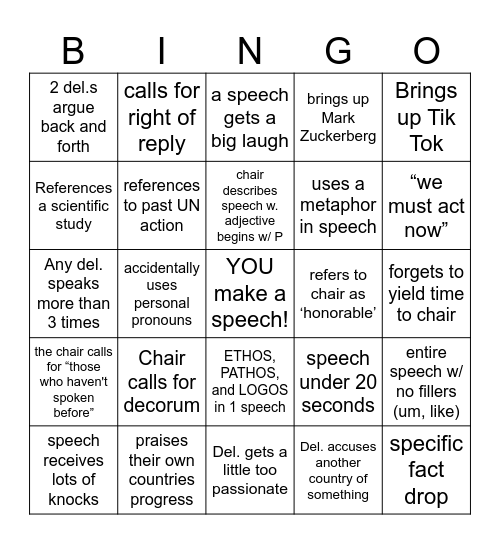 MUN Mock Debate Bingo! Bingo Card