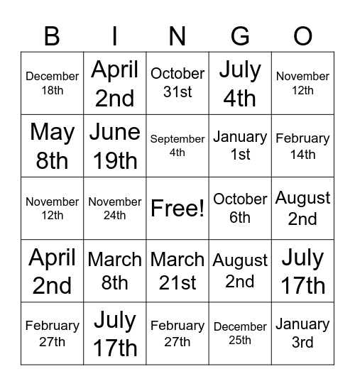 Dates Bingo Card