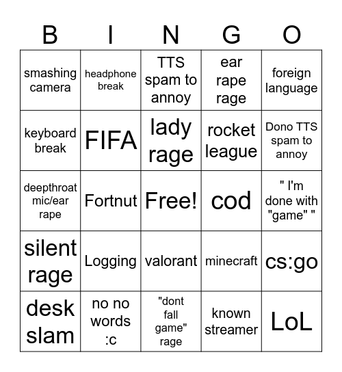 Gaymer Rage Bingo Card