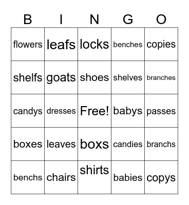 plurals 2s,es,ies Bingo Card