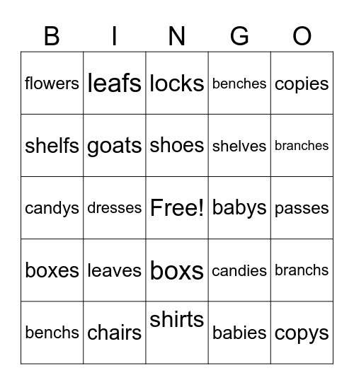 plurals 2s,es,ies Bingo Card