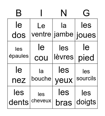 French Body Parts Bingo Card