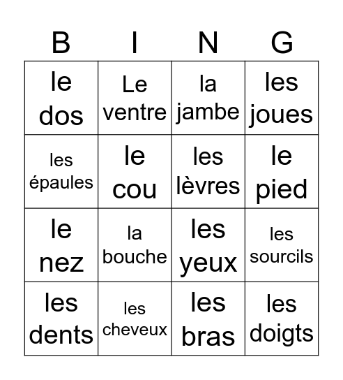 French Body Parts Bingo Card