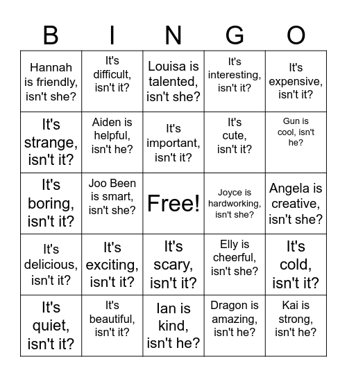 Isn't it/she/he? Bingo Card