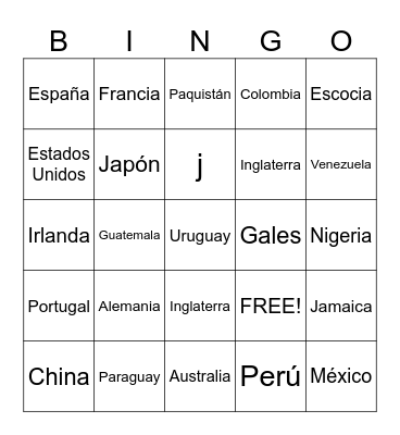 Countries Bingo Card