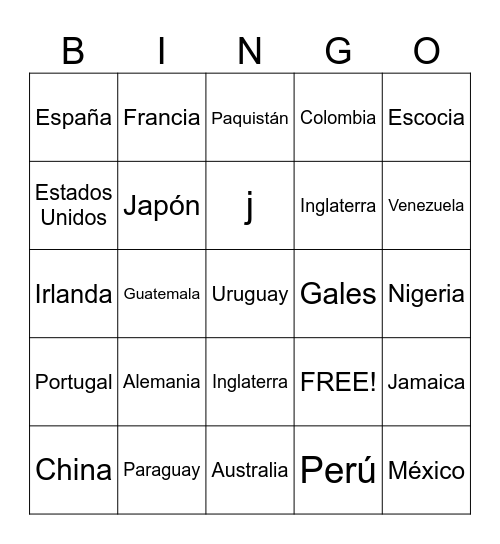 Countries Bingo Card