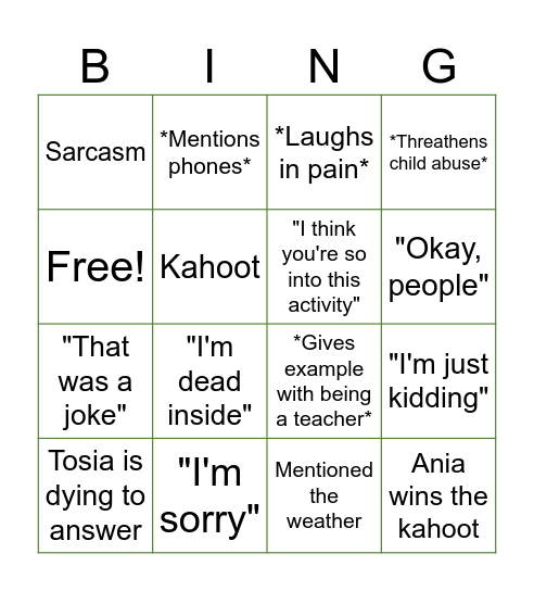 Bingo angielski Bingo Card