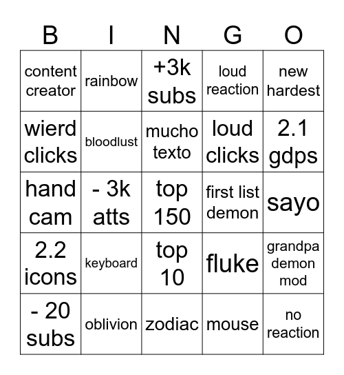 DGDR Bingo Card