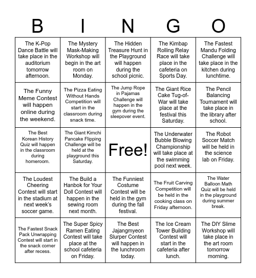 The Event will take place Bingo Card