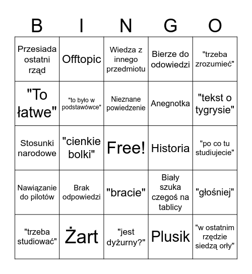 Biały Bingo Card