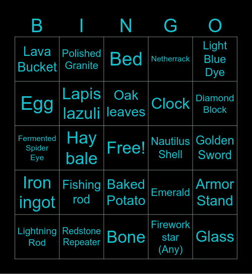 Minecraft bingo Card