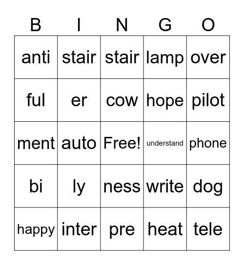 Prefixes and suffixes Bingo Card