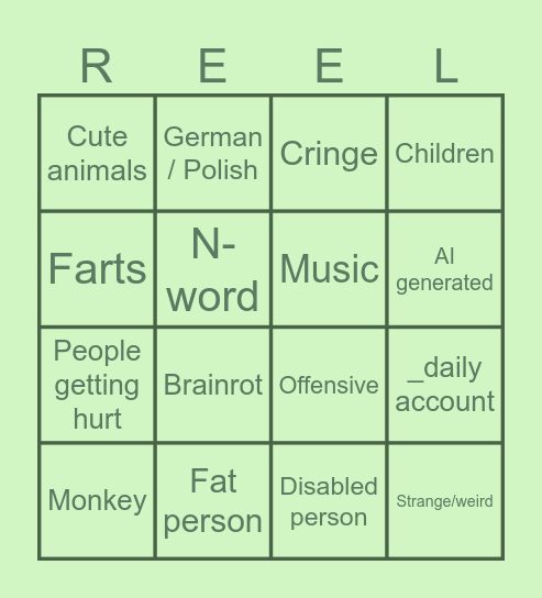 Zoe's Instagram reels Bingo Card