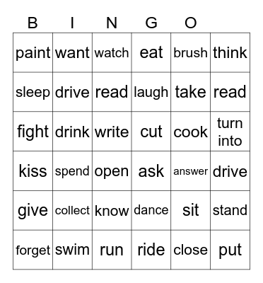 Basic Verbs Bingo Card