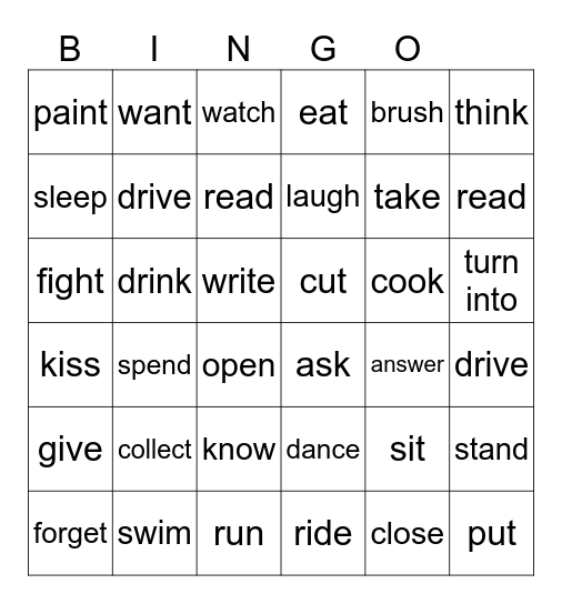 Basic Verbs Bingo Card