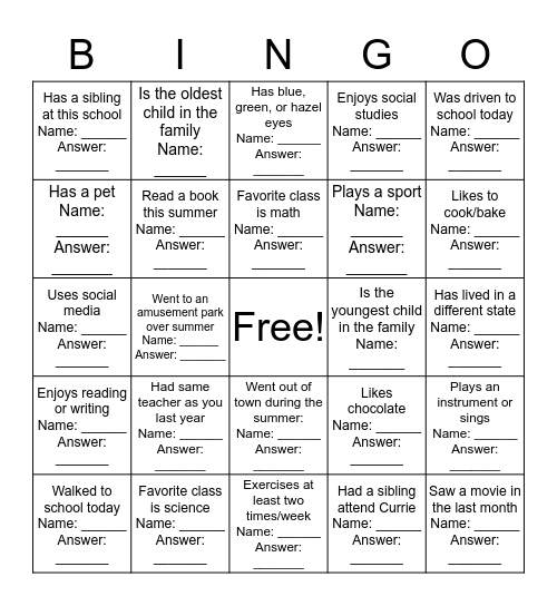 Get To Know Our Room 612 Family Bingo Card