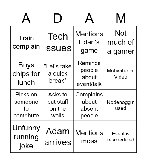 Adam Bingo Card