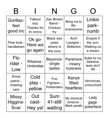 60 songs that explains the 00's Bingo Card