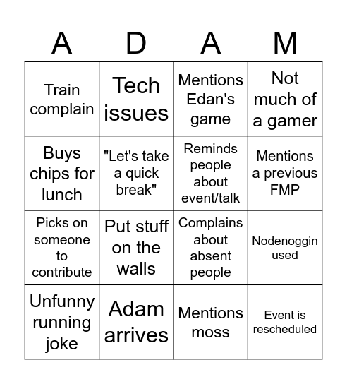 Adam Bingo Card