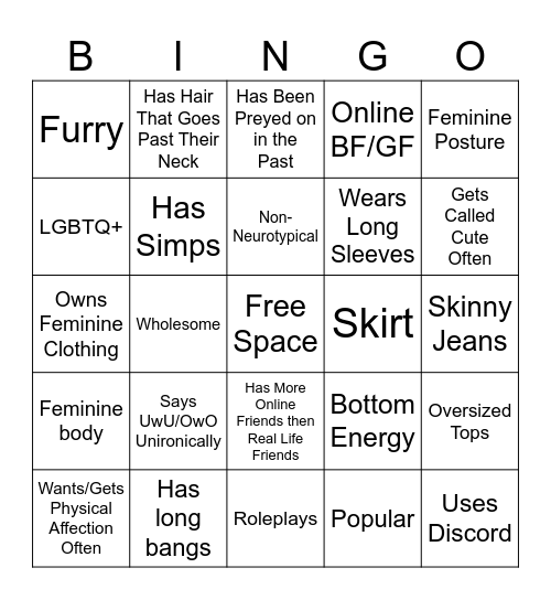 Femboy Bingo Card