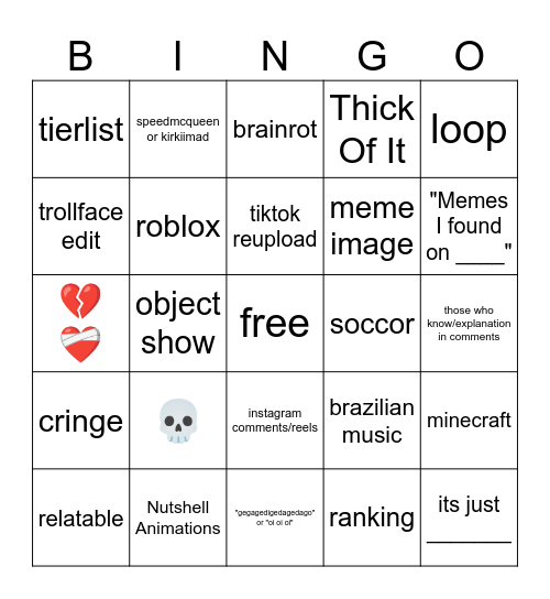 YT Shorts Bingo Card