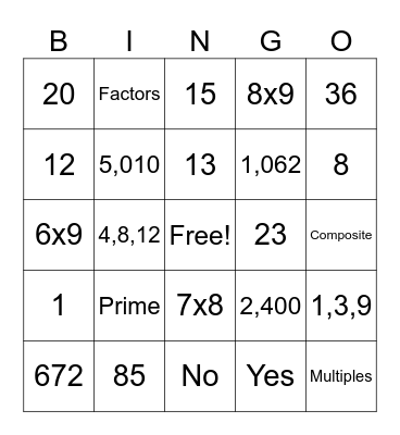 Chapter 2: Multiplication & Division Bingo Card