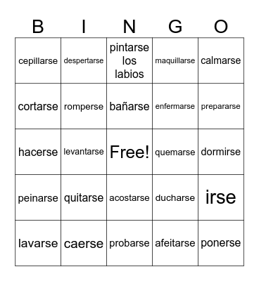 Reflexive verbs Bingo Card