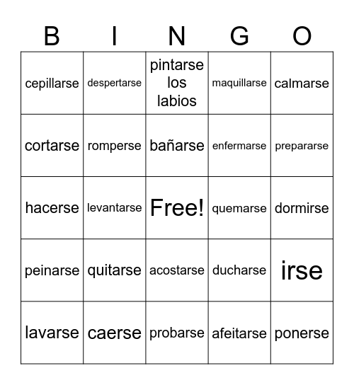 Reflexive verbs Bingo Card