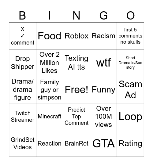 YT shorts bingo Card