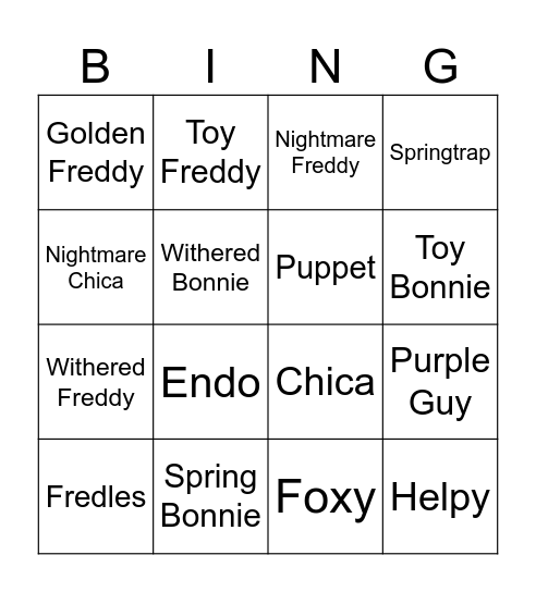 FnaF Bingo 11111 Bingo Card