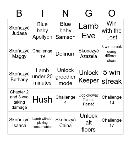 Isaac Bingo Card