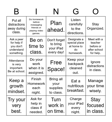 Executive Functioning Skills Bingo Card