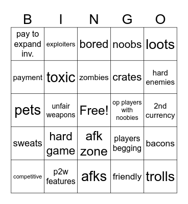 roblox games card Bingo Card