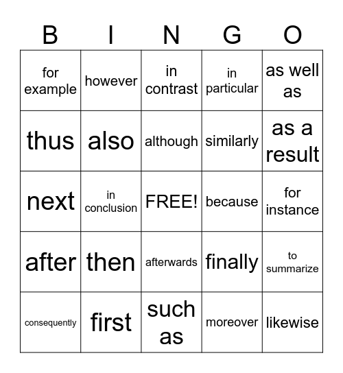 Transition BINGO Card