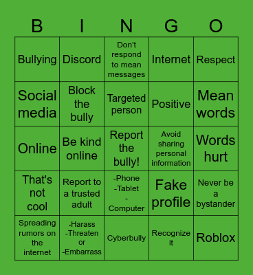 Cyberbullying Bingo Card