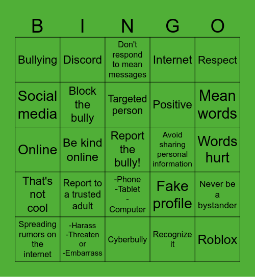 Cyberbullying Bingo Card