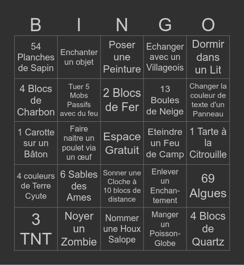 Easy Minecraft Bingo Card