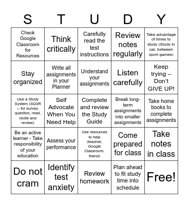 STUDY SKILLS Bingo Card