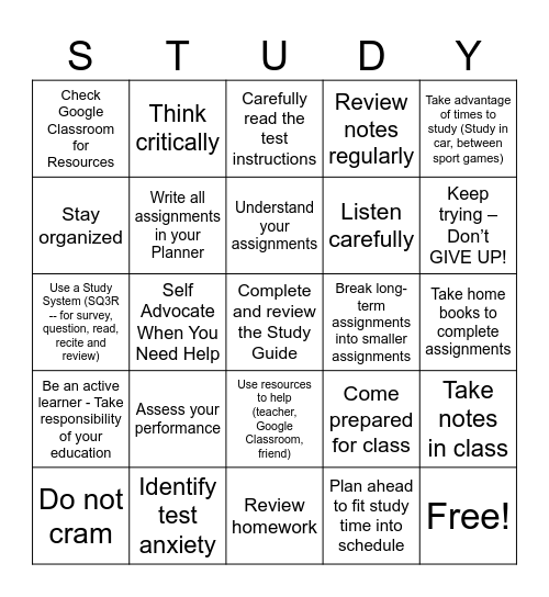 STUDY SKILLS Bingo Card