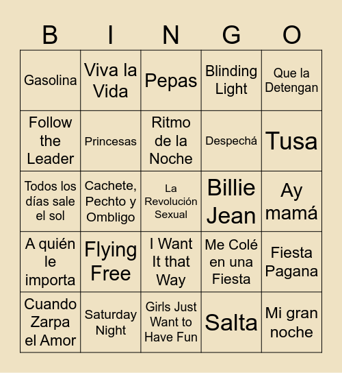 Bingo de Canciones Bingo Card