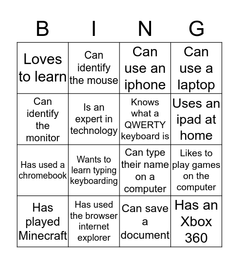 Technology Bingo Card