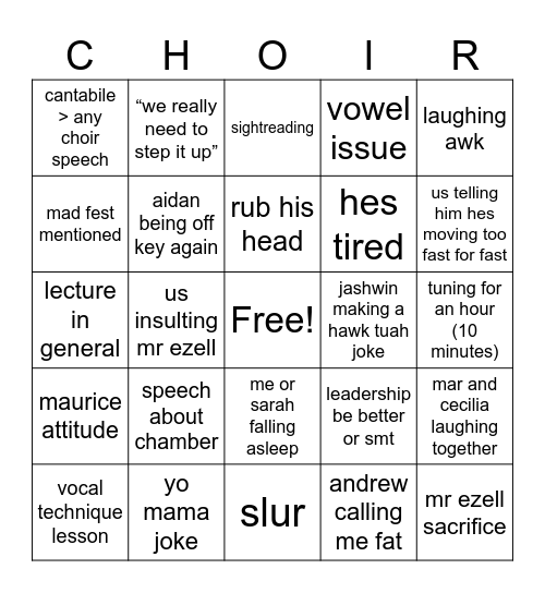 choir bingo Card