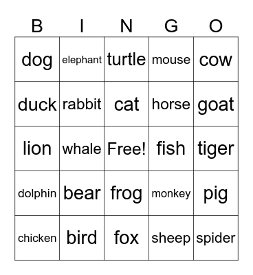 Animals Bingo Card