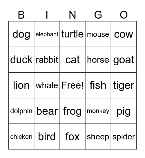 Animals Bingo Card