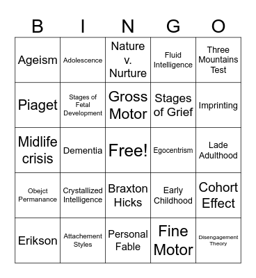 Developmental Psychology Bingo Card