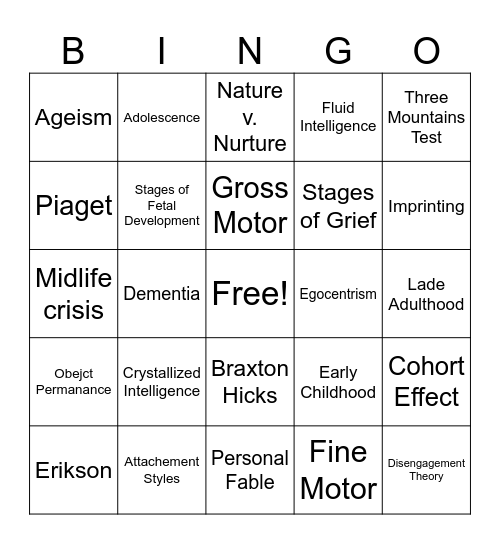 Developmental Psychology Bingo Card