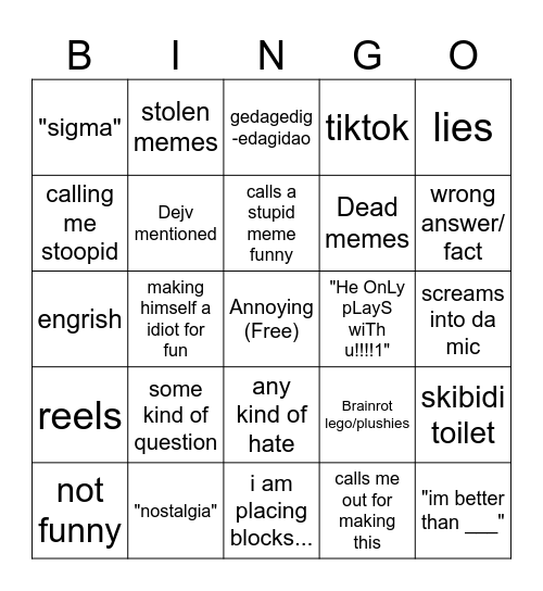 Annoying bro bingo Card